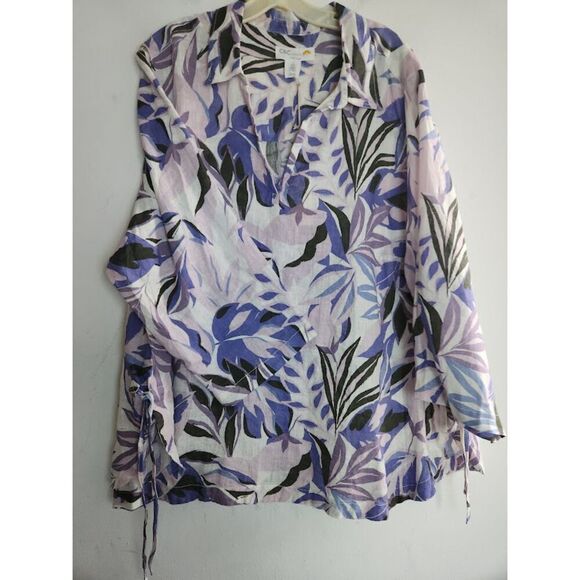 NWT C&C California Lavender Purple Print 100% Linen Pop Over Blouse size 3X - Picture 11 of 12